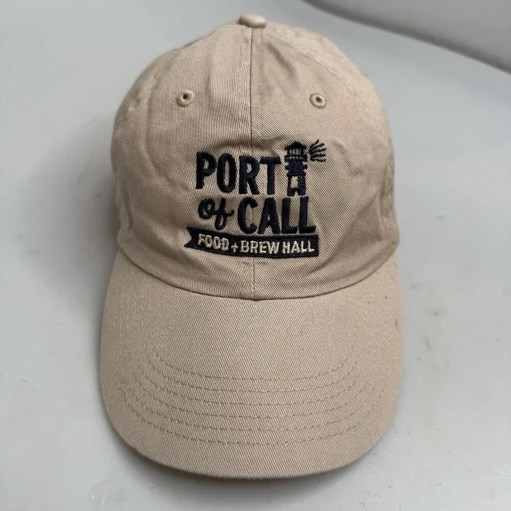 Port of Call Food & Brew Hall Dad Hat Tan Adjustable Strap Back Unstructured